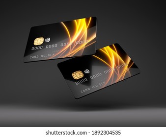 Black Plastic Credit Card Mockup, Dark Black Background - 3D Illustration