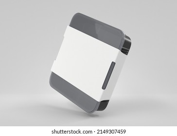 Black plastic disposable food container with transparent lid and empty white cardboard label, angle view. Realistic mockup square sushi delivery box, meal lunch take away, 3d render illustration