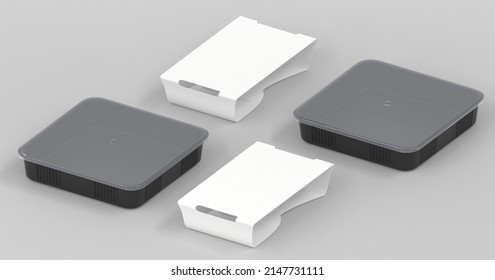Black plastic disposable food containers and cardboard labels, angle view. Realistic mockup square sushi delivery box with transparent lid and empty white paper wrap, meal lunch take away, 3d render