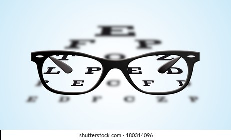 Black Plastic Eyeglasses Over A Blurry Snellen Eye Chart