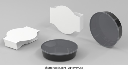 Black plastic food container and white paper label in different angle view, 3d render. Round styrofoam jar with transparent lid and blank wrap, isolated on grey background. Mockup for packaging design