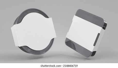 Black plastic food containers with transparent lid and white cardboard label, angle view. Realistic mockup disposable round and square boxes takeaway, packaging isolated on grey background, 3d render