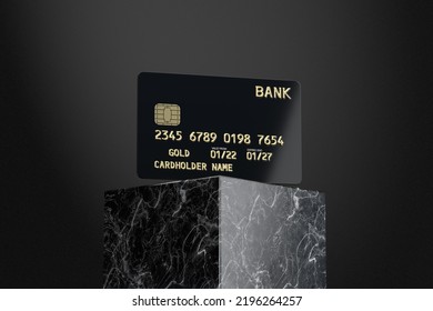 Black Plastic Golden Credit Card With Chip Over Black Marble Pedestal On A Black Background. 3d Rendering