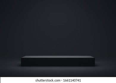 Black podium or pedestal display on dark background with long platform. Blank product shelf standing backdrop. 3D rendering.