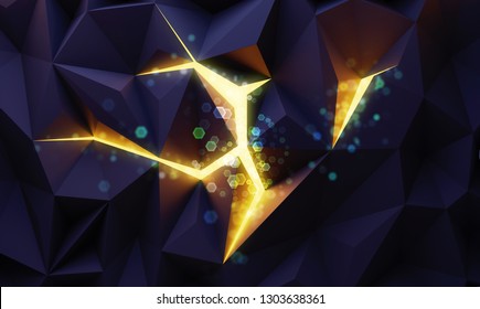 Black Polygonal Structure With Light Shining Through A Crack. 3D Render / Rendering