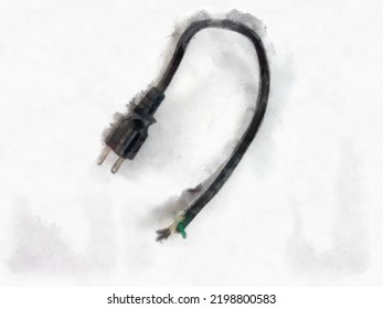 Black Power Cord On A White Background Watercolor Style Illustration Impressionist Painting.