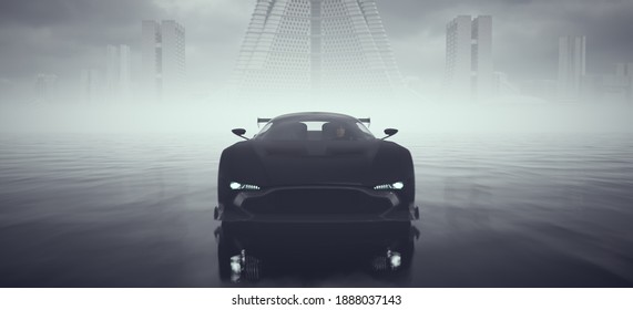 Black Powerful Crime Fighter Sci-Fi Style Supercar Driving Fast Over Wet Surface With Abandoned Brutalist Architecture Buildings In The Distance 3d Illustration