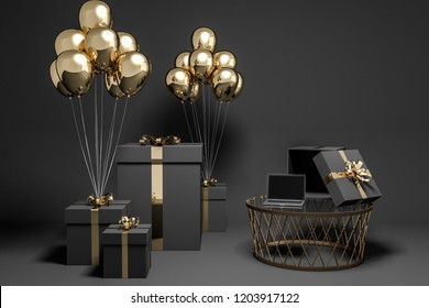 Black present boxes with gold ribbons and many gold balloons tied to them standing in black room with laptop on coffee table. 3d rendering - Powered by Shutterstock