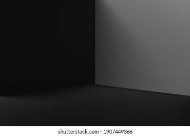 Black Product Background Stand Or Podium Pedestal On Advertising Room Display With Blank Backdrops. 3D Rendering.