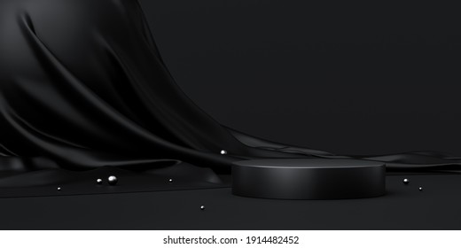 Black Product Background Stand Or Podium Pedestal On Luxury Advertising Display With Blank Backdrops. 3D Rendering.