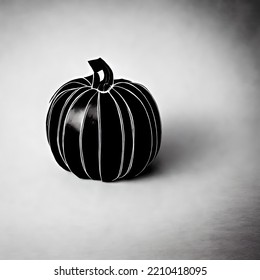 Black Pumpkin Or Dark Pumpkin With White Edges On A Gray Background. Halloween Party Background. 3d Rendering. Imitation Of A Pencil Sketch. Realistic Image.