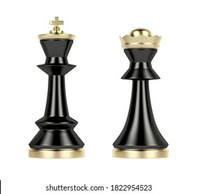 Black Queen And King Chess Pieces On White Background, Front View. 3D Illustration