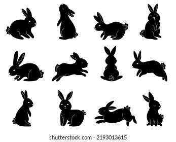 Black Rabbit Silhouette. Sitting Bunny, Cute Jumping Rabbits And Contour Animals  Set. Adorable Pet In Different Poses, Actively Moving In Front, Back And Side View Isolated On White