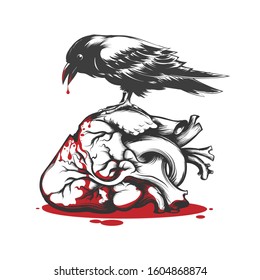 Black Raven Biting Bleeding Heart. Love Hurts Concept Tattoo. 