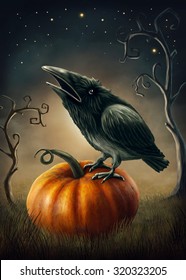 Black raven on the pumpkin