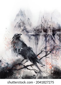 Black Raven In The Rainy City. Scary Gothic White And Black Watercolor Illustration. Black Crow And Castle. Halloween Poster, Wall Art Print. High-quality Illustration