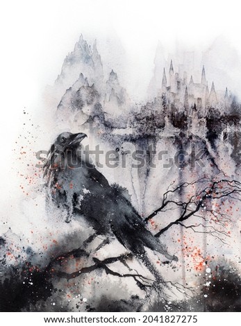Black Raven in the rainy city. Scary gothic white and black watercolor illustration. Black crow and castle. Halloween poster, wall art print. High-quality illustration