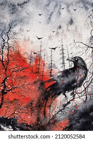 Black raven sitting on a tree near the forest in fire. Horror red and black watercolor art. High quality illustration