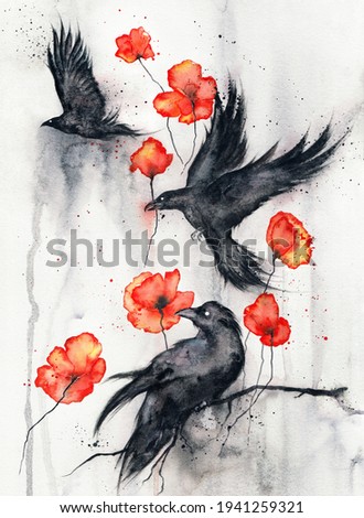 Black Ravens, Red Poppies and Rainy watercolor background. Wall art for print Artwork, souvenir card, poster. Fantasy watercolor, Gothic Home Decor. Greeting postcard 