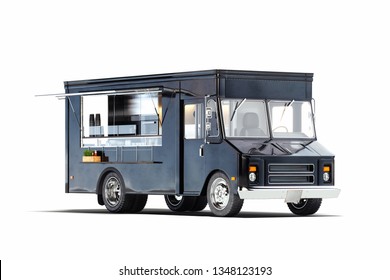 Black Realistic Food Truck Isolated On White. 3d Rendering.