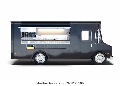 Black Realistic Food Truck Isolated On White. 3d Rendering.