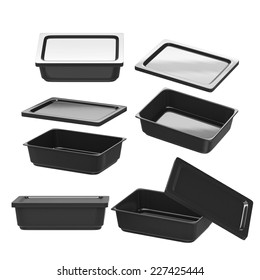 Black Rectangle Plastic Container For Food Production Like Fresh Food, Convenience Food Or Frozen Food. Template For  Your Design Or Artwork, Clipping Path Included 