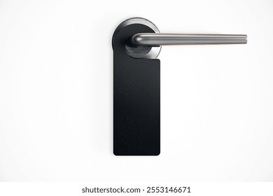 Black rectangular door hanger with sleek metallic handle, glossy finish, isolated on a plain white background. Concept of privacy. 3D Rendering.