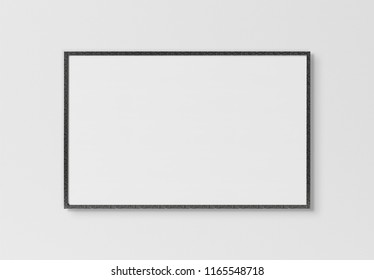 Black Rectangular Horizontal Frame Hanging On A White Textured Wall Mockup 3D Rendering