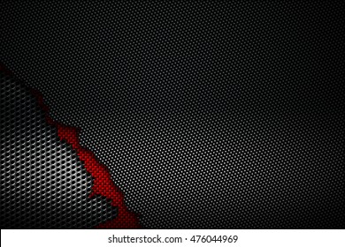 Black And Red Carbon Fiber Tear On The Black Metallic Mesh. Background And Texture. 3d Illustration.