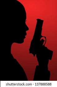 Black and red illustration of a girl with a gun