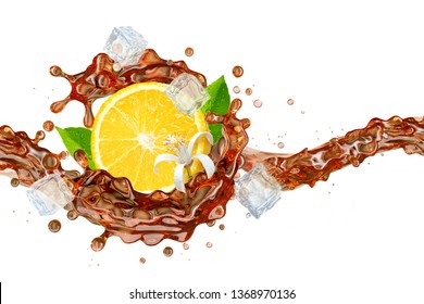 Black or red tea splash wave with lemon, ice, citrus flower, tea droplets. Hot or cold ice herb tea splashing, isolated. Liquid healthy drink label, sticker, banner design element. Clipping path. 3D