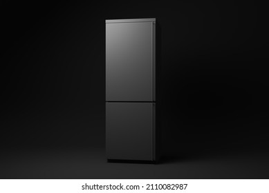 Black Refrigerator. Fridge Freezer On Black Background. Minimal Concept Idea. Monochrome. 3d Render.