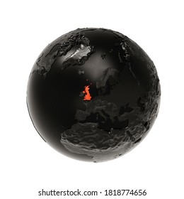 Black Relief Earth Globe with Europe. The United Kingdom is Highlighted in Red. 3d Render Isolated on White.