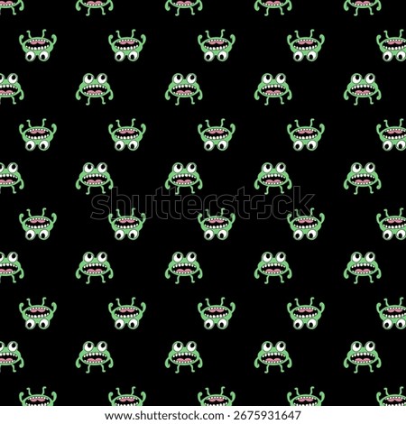 black repeating pattern with illustration of a green monster with big eyes and a wide mouth