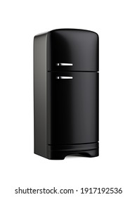 Black retro design fridge refrigerator isolated on white. 3d rendering illustration