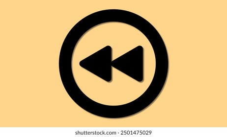 A black rewind symbol featuring two triangular arrows pointing left, enclosed in a circular black border on a light orange background.