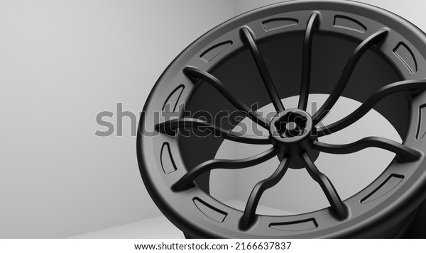 Black rim.Mag wheel.Closeup view. 3D\
Rendering.illustration.White\
background