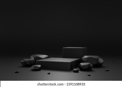 Black Rock Pedestal Or Podium Display With Stone Platform Concept On Dark Background. Blank Shelf Stand For Showing Product. 3D Rendering.