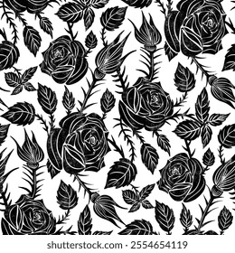 Black roses pattern with thorns. Seamless monochrome floral background.