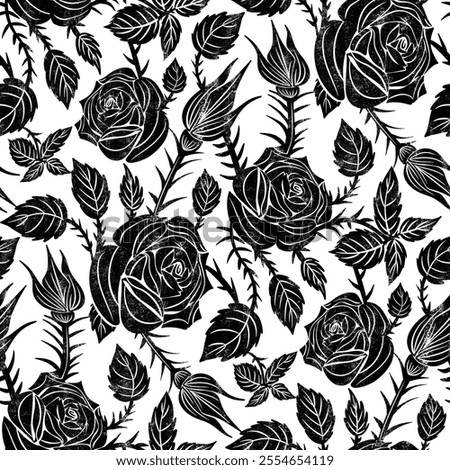 Black roses pattern with thorns. Seamless monochrome floral background.