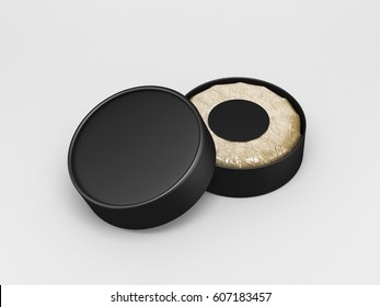 Black round box mockup with product, cilindrical packaging 3d rendering 