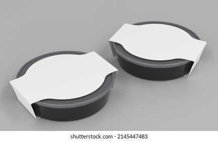 Black round plastic food container in different angle view. Realistic mockup disposable box takeaway with transparent lid and blank white paper label, package isolated on grey background, 3d render