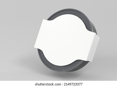 Black round plastic food container with transparent lid and empty white cardboard label, angle view. Realistic mockup disposable box takeaway, lunch package isolated on grey background, 3d render