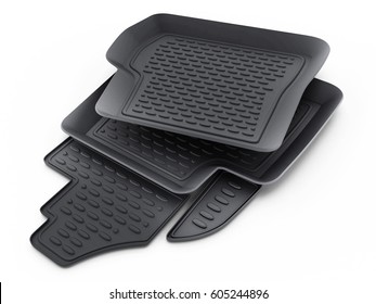 Black rubber car mats isolated on white background. 3D illustration.