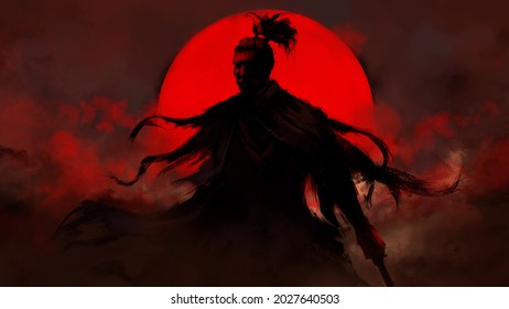 A black samurai with a katana and tattered clothes stands in the fog, his hair is gathered in a bun, behind him is the red sun, shrouded in clouds. 2D illustration
