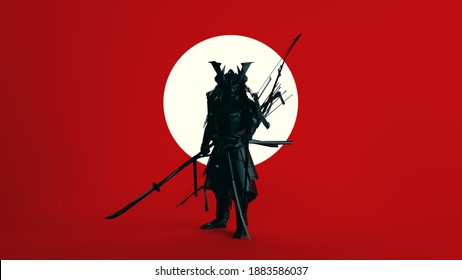 Black Samurai Polygon Form with Large White Sun Sphere Circle with Red Background 3d illustration render