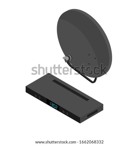 Black satellite decoder, reciever and antenna isometric view. TV icon set