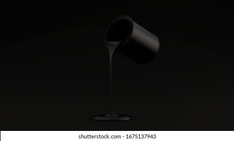 Black Satin Paint Pouring Out Of A Matte Black Paint Tin Black Background 3 Quarter Left View 3d Illustration 3d Render