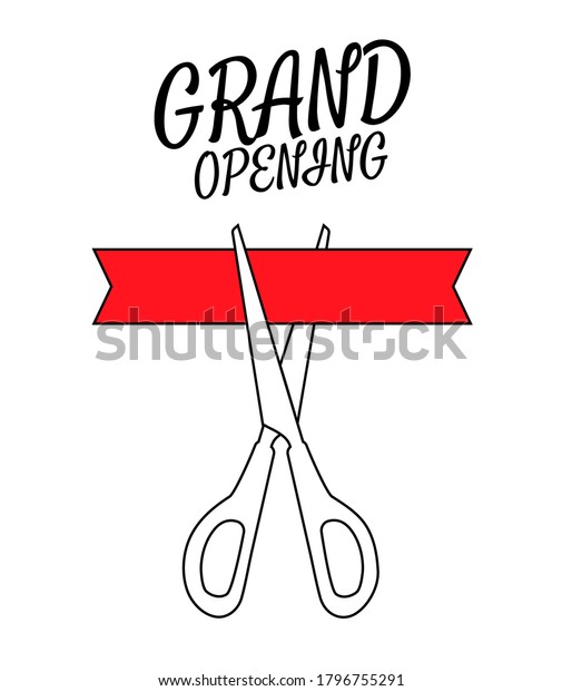 Black scissors cutting the red ribbon.\
Mockup for announcement. Icon on white background.\
