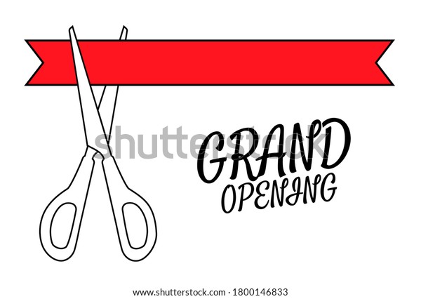 Black scissors cutting the red ribbon.\
Mockup for announcement. Icon  on white background.\
